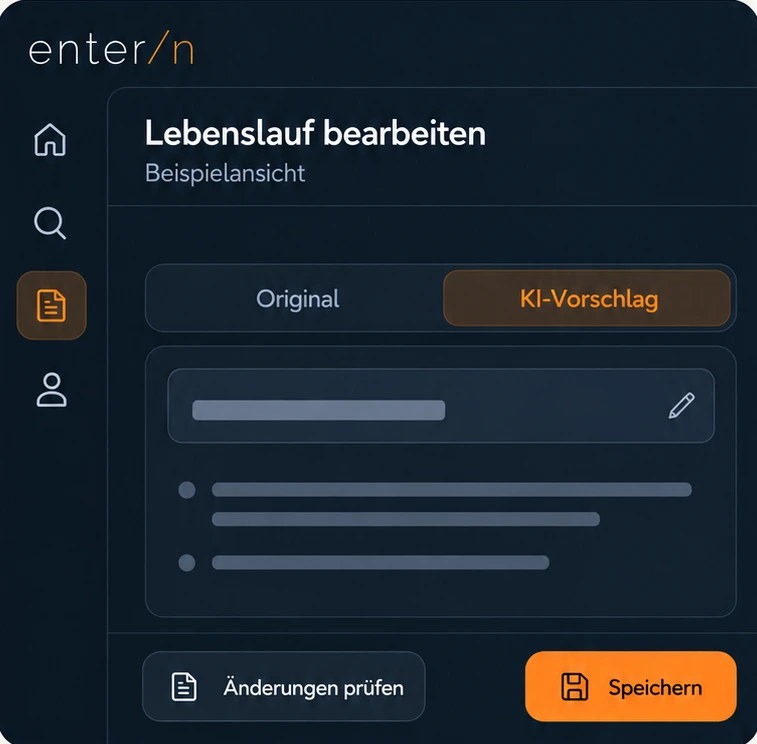 Entern Lebenslauf-Editor mit Umschalter zwischen Original und KI-Vorschlag sowie Speichern-Button