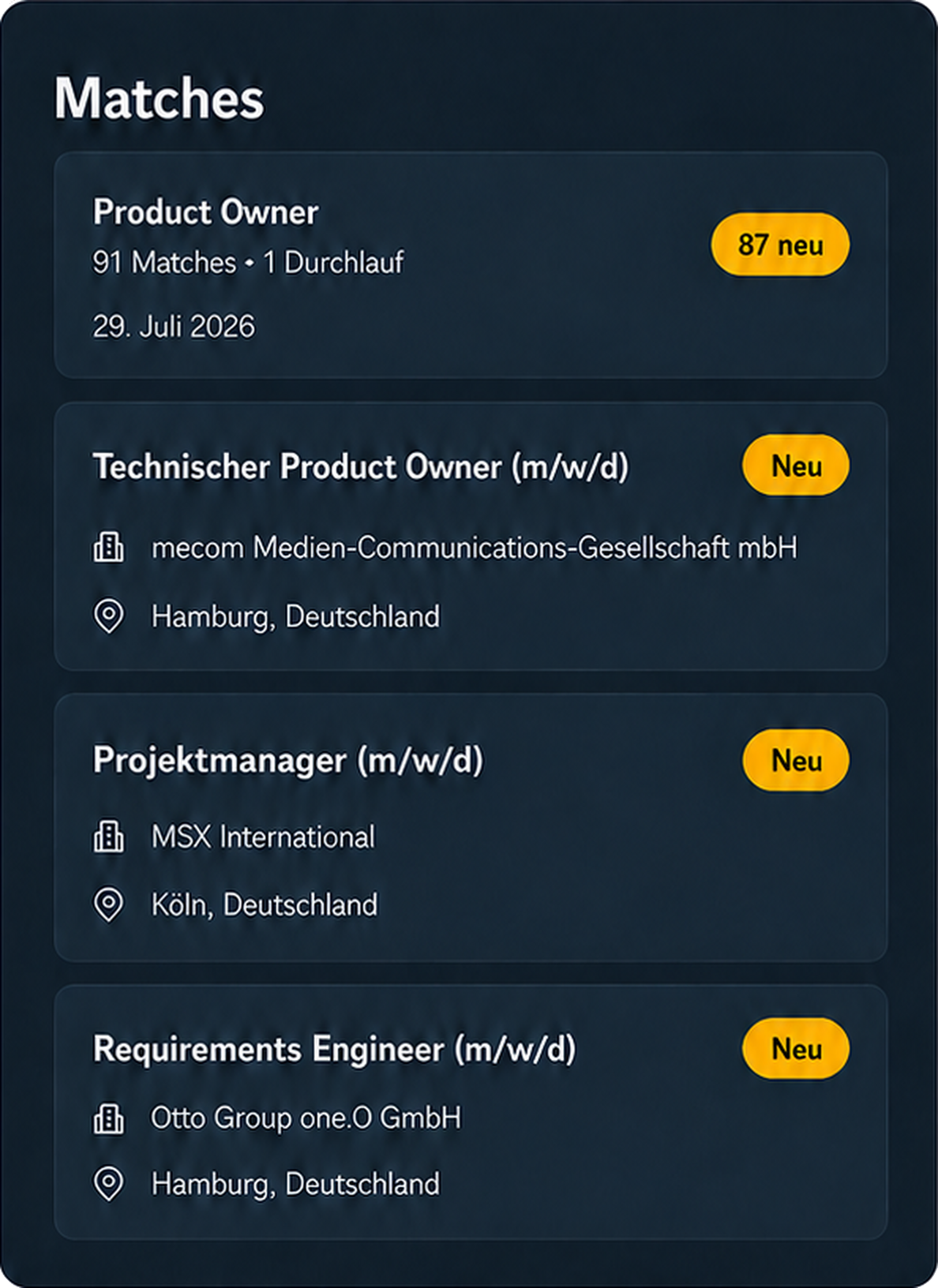 Entern Matches-Ansicht mit passenden Stellenangeboten