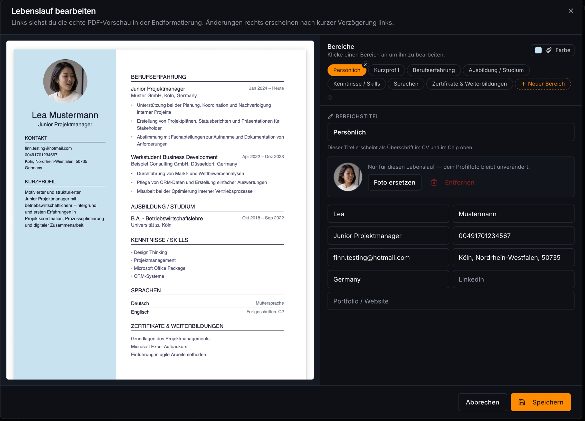 Originaler Entern Lebenslauf-Editor mit PDF-Vorschau, Bereichen und bearbeitbaren Feldern